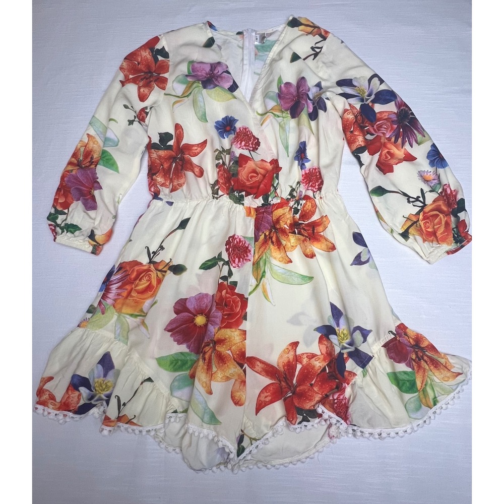 Choies Floral V-Neck Long Sleeve Romper Cream Orange Pom Pom Trim Size M